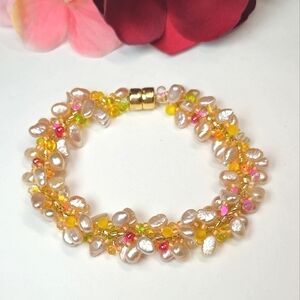Genuine Peach Baroque Pearls & Colorful Glass Beaded Dangle Cha Cha Bracelet